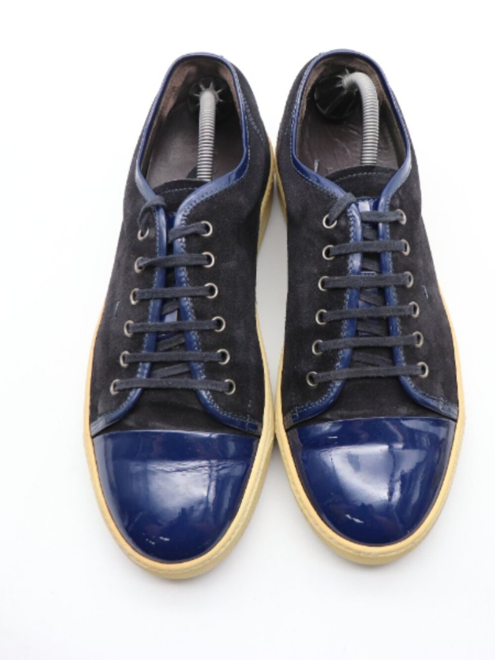 Santoni Men's 12 D Cap Toe Blue Patent Leather Suede Low Top Lifestyle Sneakers